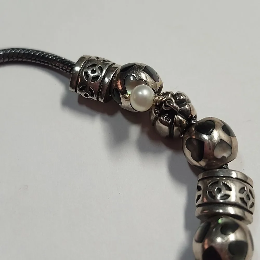 Pandora Sterling Silver Bead Charm Bracelet with Pearl Drop 9 Charms 925 ALE